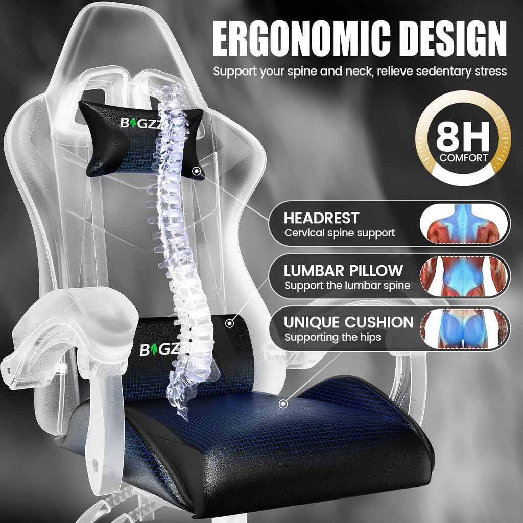 Nouveauté 2026 – Chaise de jeu Bigzzia , chaise de bureau ergonomique avec appui-tête et soutien lombaire réglables en hauteur, pour adultes et adolescents, noir et blanc