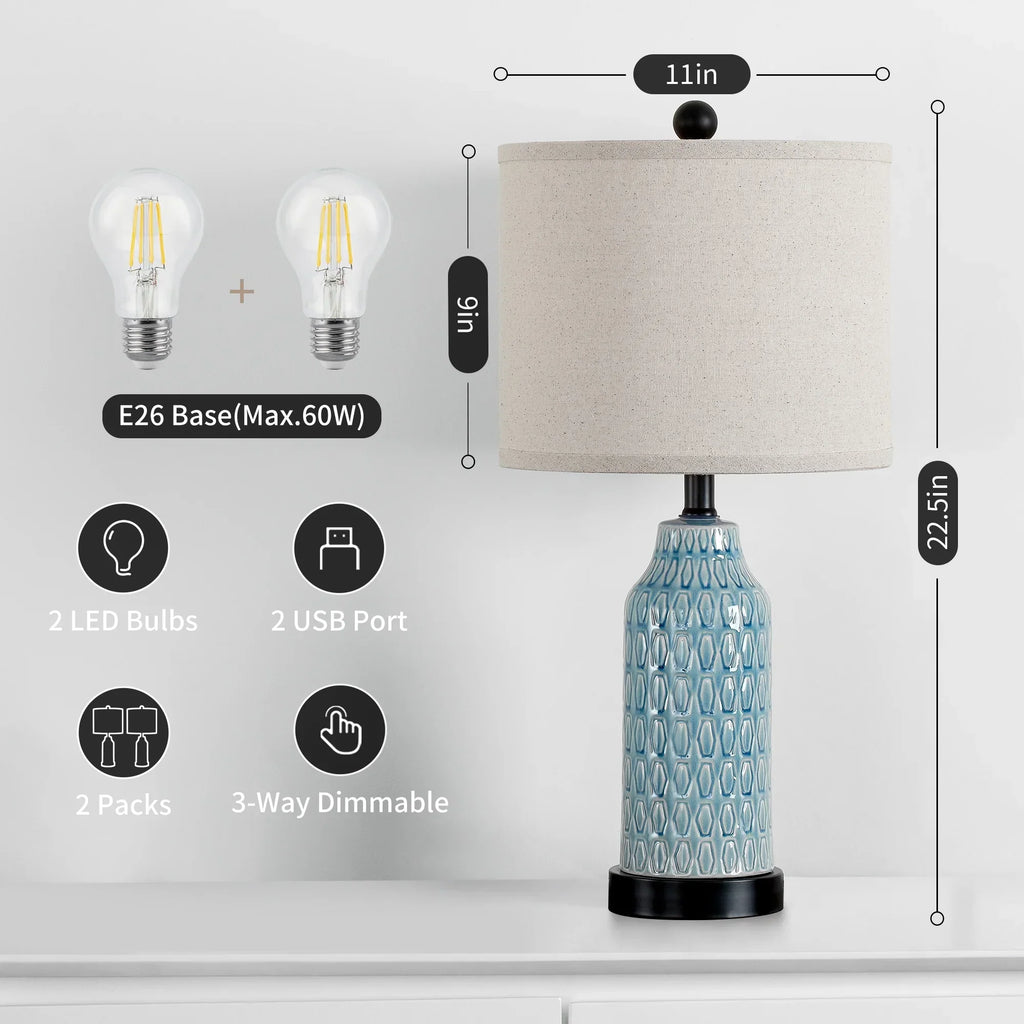 Nouveauté 2026 – Ensemble de 2 lampes de table Cinkeda pour salon et chambre à coucher, avec ports USB, prise secteur, intensité réglable à 3 niveaux, veilleuse tactile, style champêtre, motif floral blanc, lampes de chevet