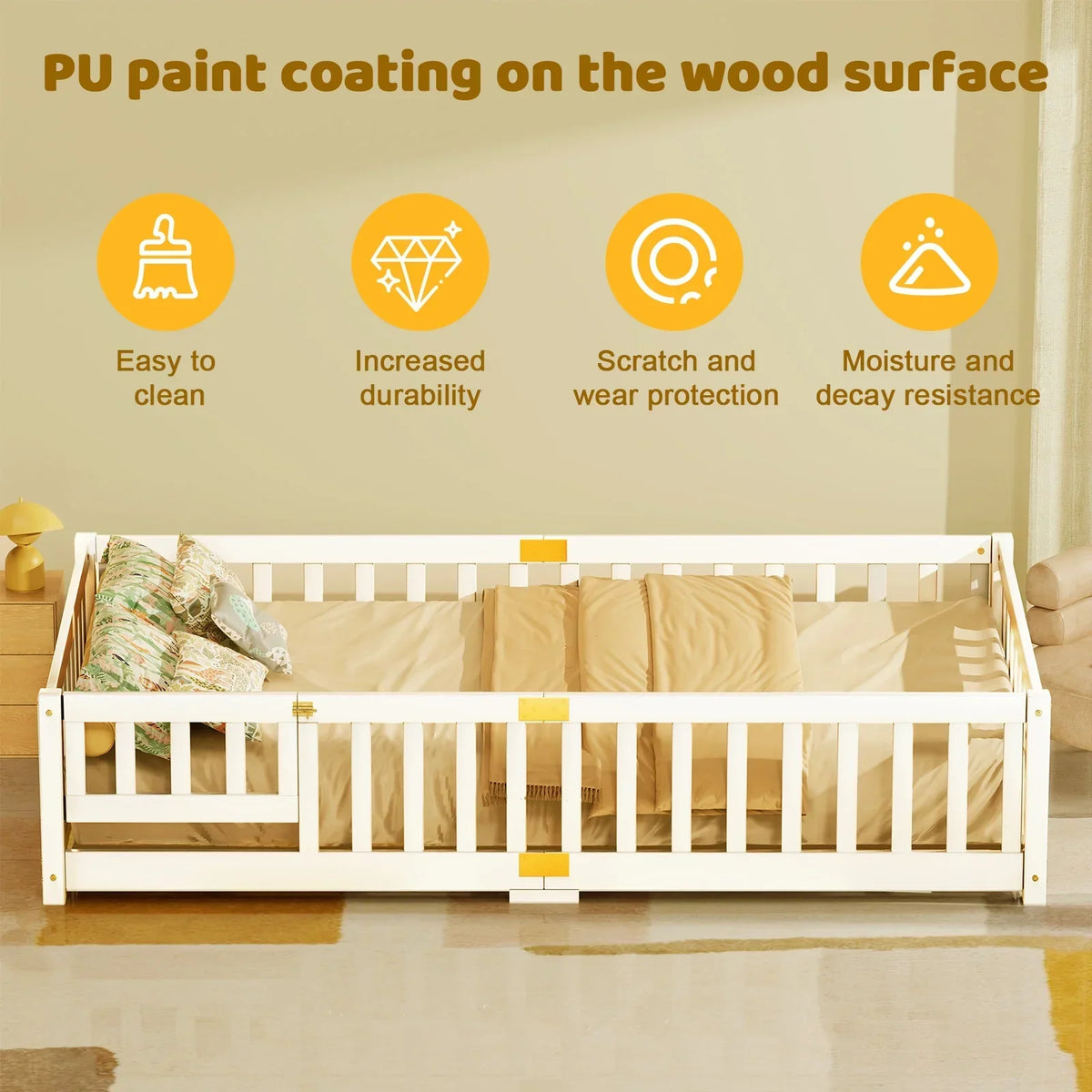 Nouveauté 2026 – Lit de sol Montessori pour tout-petits (taille jumelle), cadre de lit en bois massif avec barrière et porte, pour filles et garçons