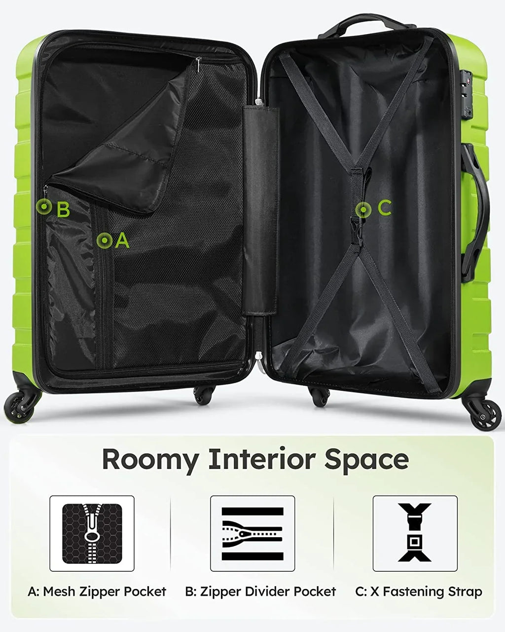 Nouveauté 2026 – Ensemble de 3 valises rigides à roulettes multidirectionnelles 20", 24" et 28", vertes, collection Luggage