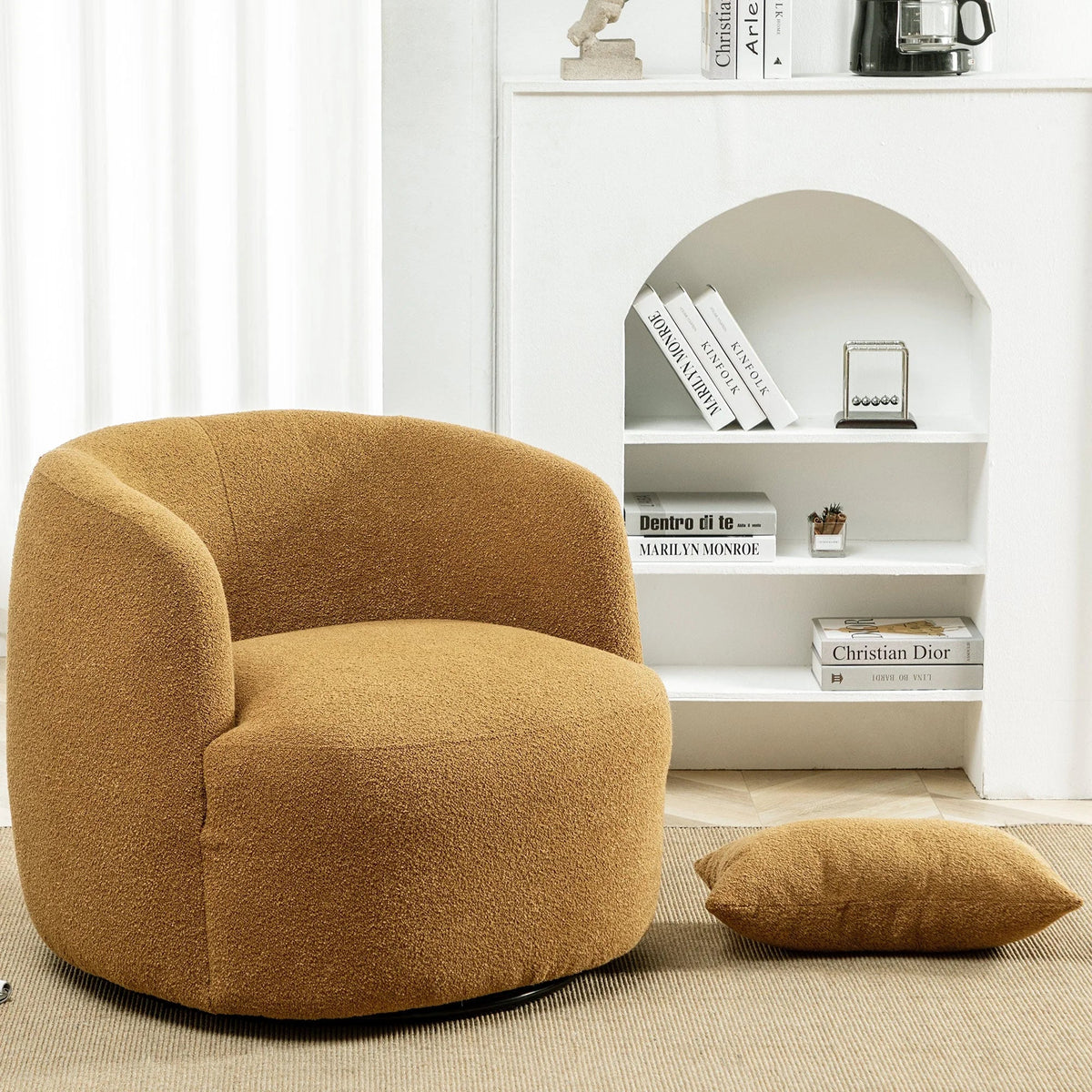 Nouveauté 2026 – Fauteuil pivotant rond 34" en bouclette de 86 cm de large, sans assemblage, avec coussin décoratif, idéal pour le salon et la chambre, couleur taupe