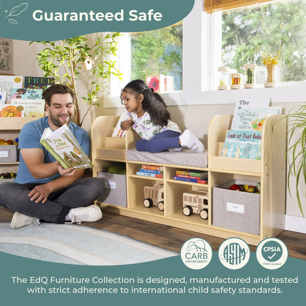Nouveauté 2026 – Coin lecture EdQ de Guidecraft - Naturel : Banc de lecture en bois pour chambre d'enfant, étagère à livres, rangement pour jouets et cubes de rangement