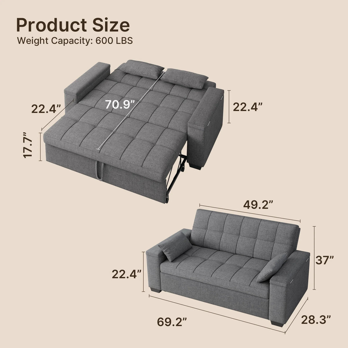 Nouveauté 2026 – Canapé-lit convertible 3 en 1 Lofka avec rangement, dossier réglable et fonction gigogne - Fauteuil-lit idéal pour les petits espaces et les appartements, gris foncé