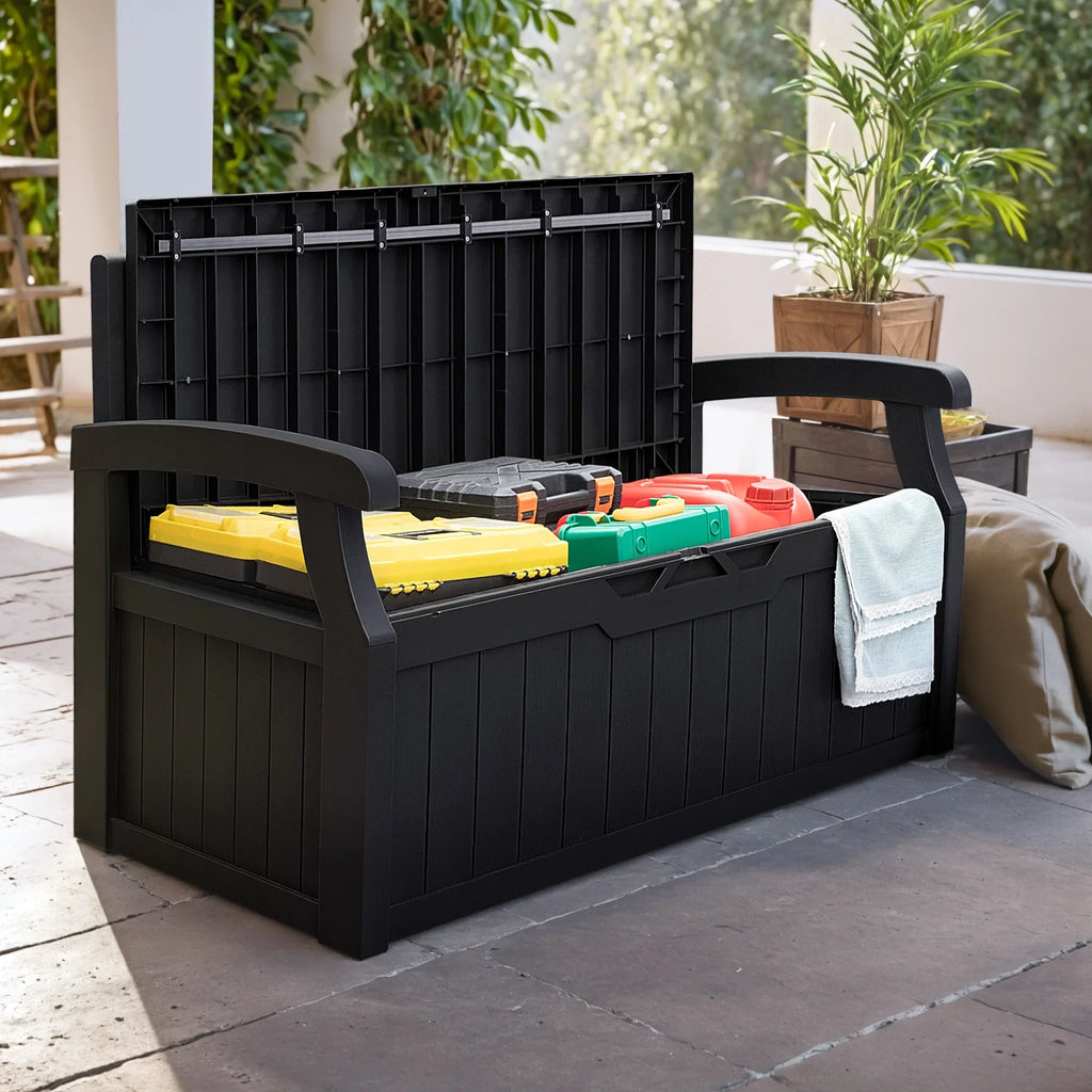 Nouveauté 2026 – Banc de rangement Homall de 80 gallons en plastique, fabriqué en résine durable et résistante aux intempéries, avec compartiment de rangement organisé de type Deckbox, pour patios et pelouses extérieures, noir