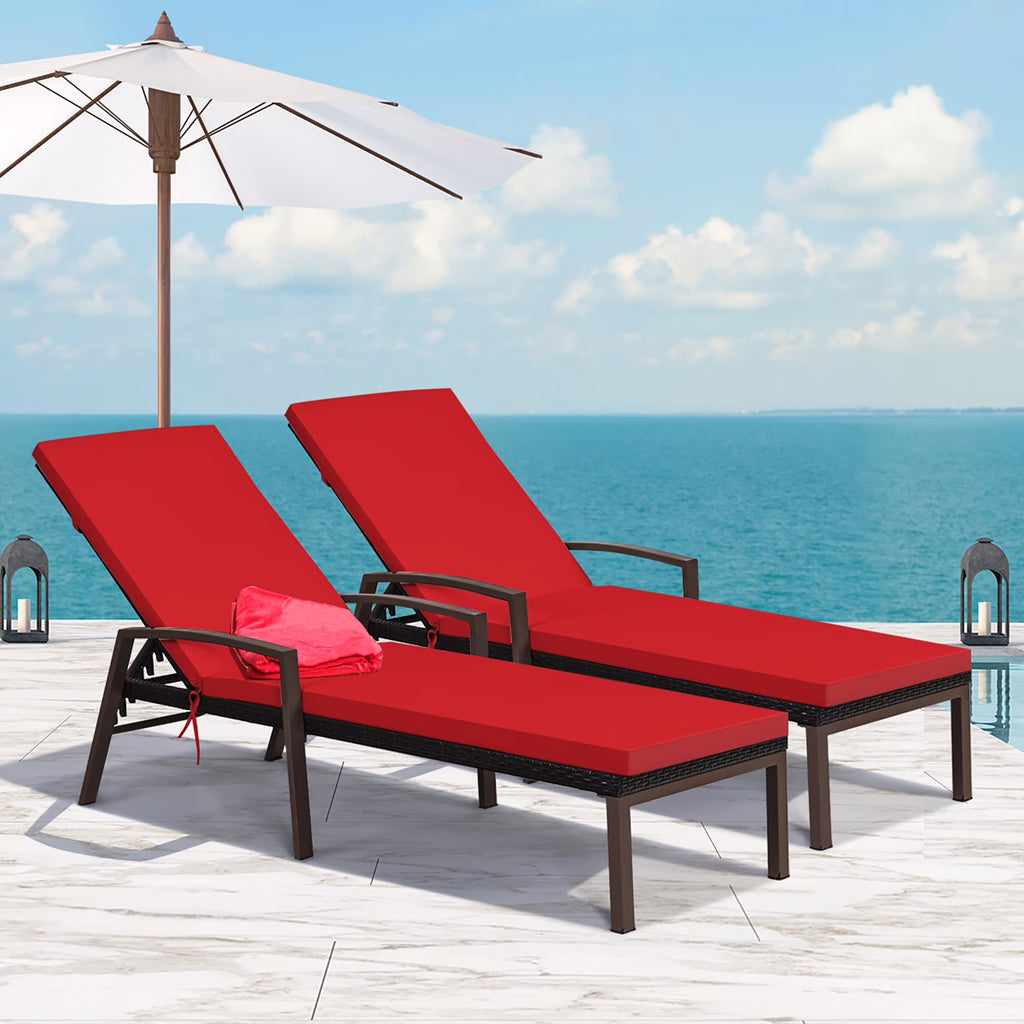 Nouveauté 2026 – Costway Lot de 2 chaises longues de patio en rotin, dossier inclinable, coussin réglable, rouge