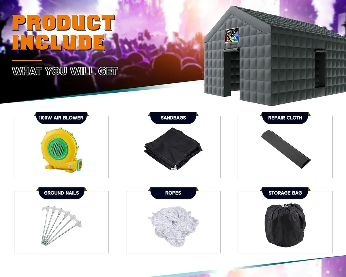 Nouveauté 2026 – Tente gonflable Jocisland , 6 x 4,9 x 4,3 m, grande tente noire pour discothèque avec 2 portes latérales, espace logo, gazebo événementiel