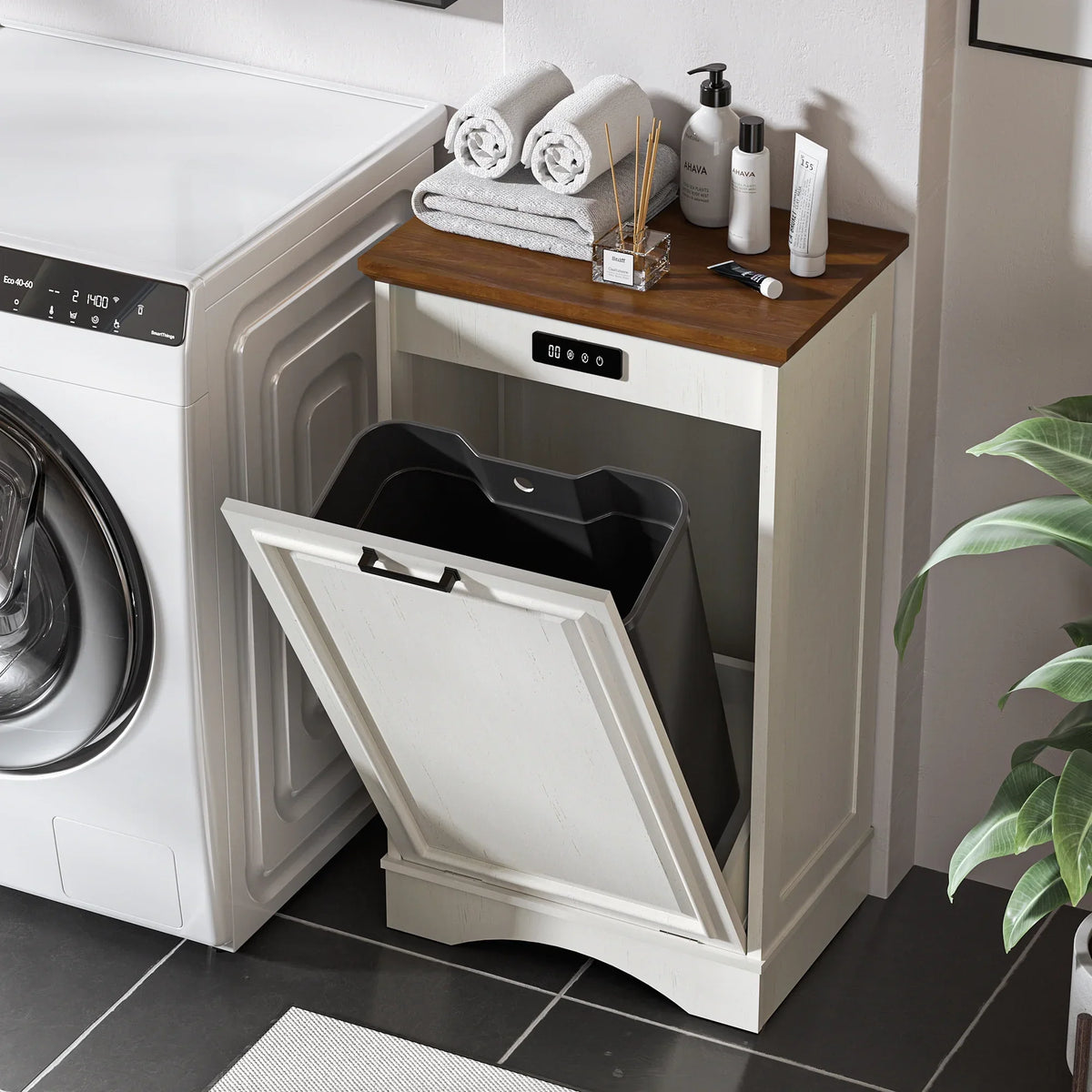 Nouveauté 2026 – Meuble poubelle basculant HARIPUL pour bac à déchets de 49 litres (13 gallons), meuble poubelle de cuisine autoportant avec tiroirs, blanc