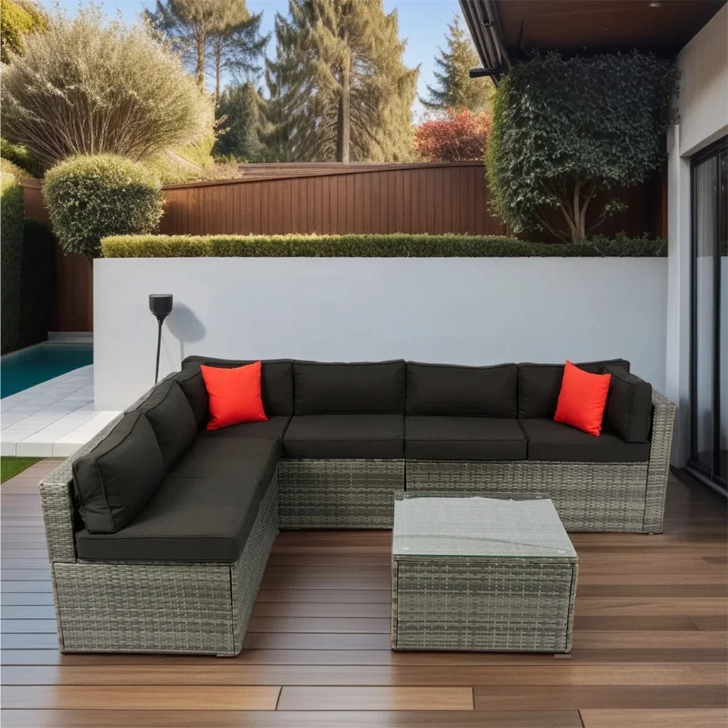 Nouveauté 2026 – Ensemble de mobilier de patio 7 pièces , canapé d'angle en rotin PE, ensemble de conversation avec coussins et table basse en verre, pour balcon, pelouse et jardin, gris
