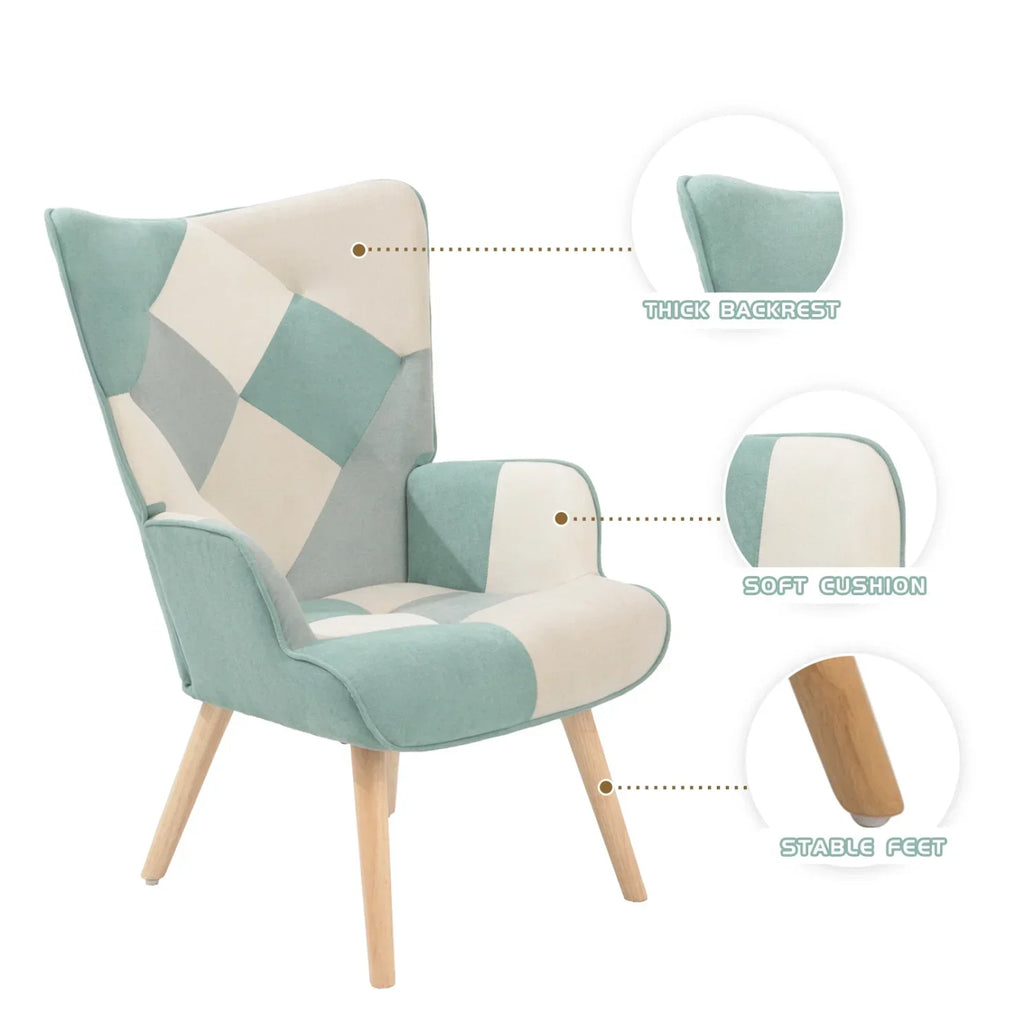 Nouveauté 2026 – Fauteuil d'appoint moderne avec pieds en bois massif et dossier haut à oreilles, ensemble de fauteuil avec repose-pieds, fauteuil confortable pour salon, salle de lecture, chambre, patchwork coloré
