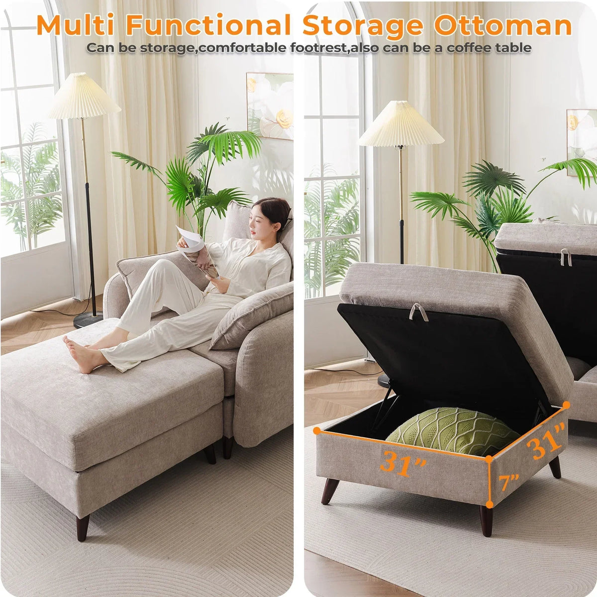 Nouveauté 2026 – Fauteuil d'appoint surdimensionné Rexulqo avec rangement intégré, confortable pour le salon, livré avec 2 coussins décoratifs, fauteuil rembourré style milieu du siècle, assise profonde de 62 cm, fauteuil de lecture pour chambre ou b