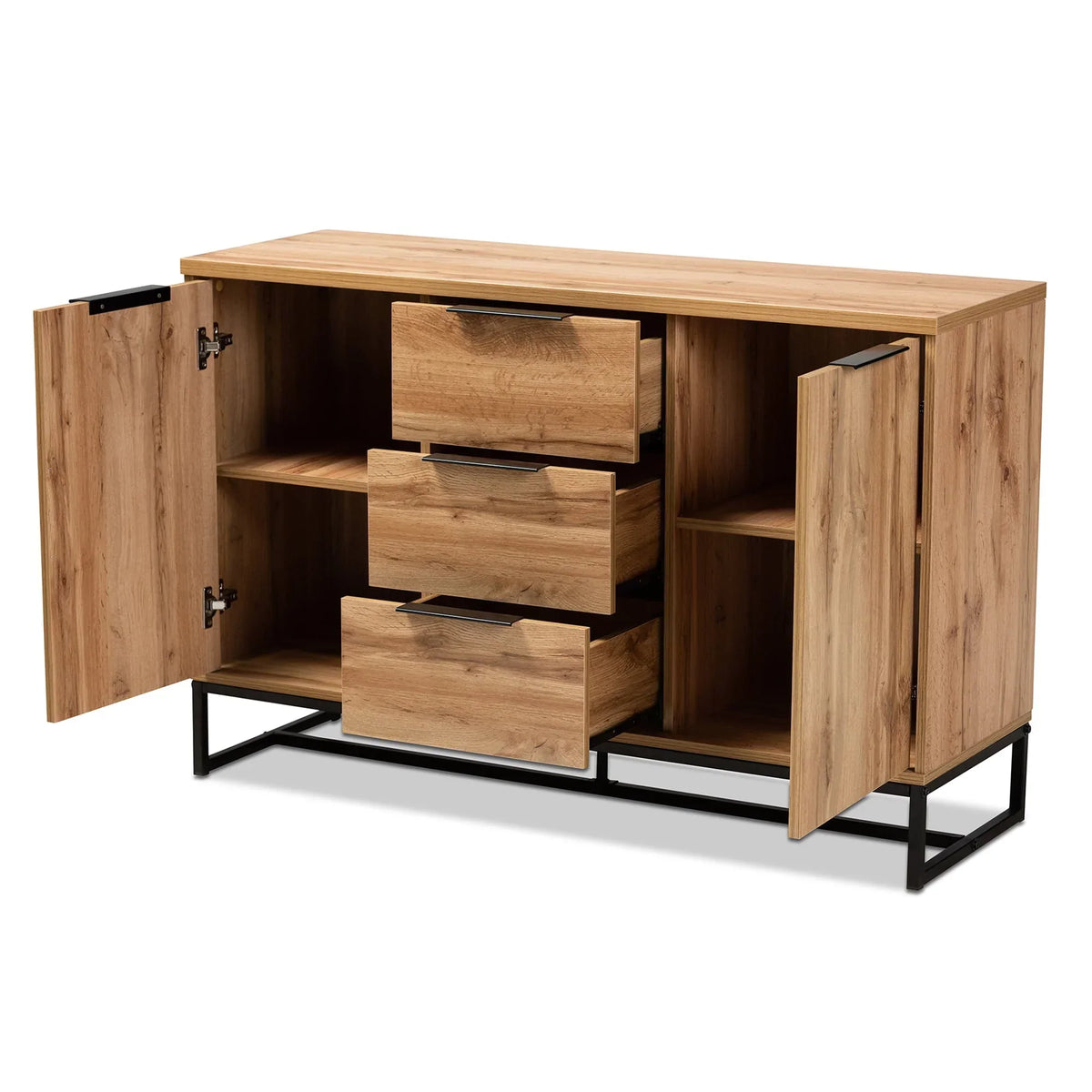 Nouveauté 2026 – Buffet 3 tiroirs Baxton Studio Reid, style industriel moderne et contemporain, finition chêne et métal noir