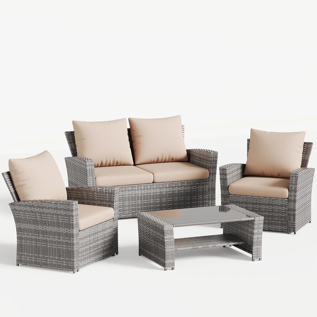 Nouveauté 2026 – Ensemble de mobilier de patio en résine tressée UDPATIO , ensemble de conversation d'extérieur 4 pièces, canapé de patio en rotin PE gris pour balcon, porche, jardin, gris