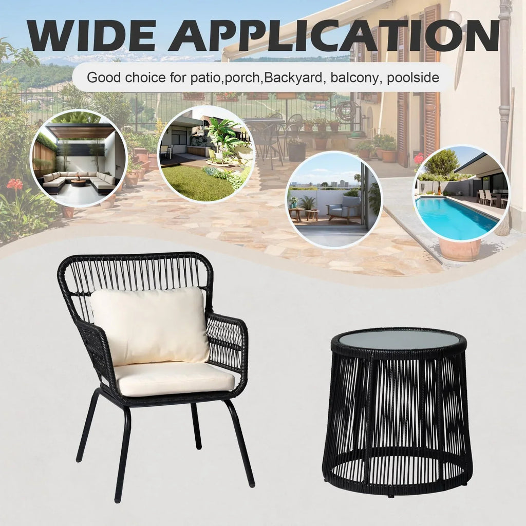 Nouveauté 2026 – Ensemble bistro de conversation 3 pièces Tappio pour patio, mobilier de jardin en rotin, table basse en verre et coussins, jaune/beige, idéal pour le jardin, le balcon, la terrasse ou la piscine