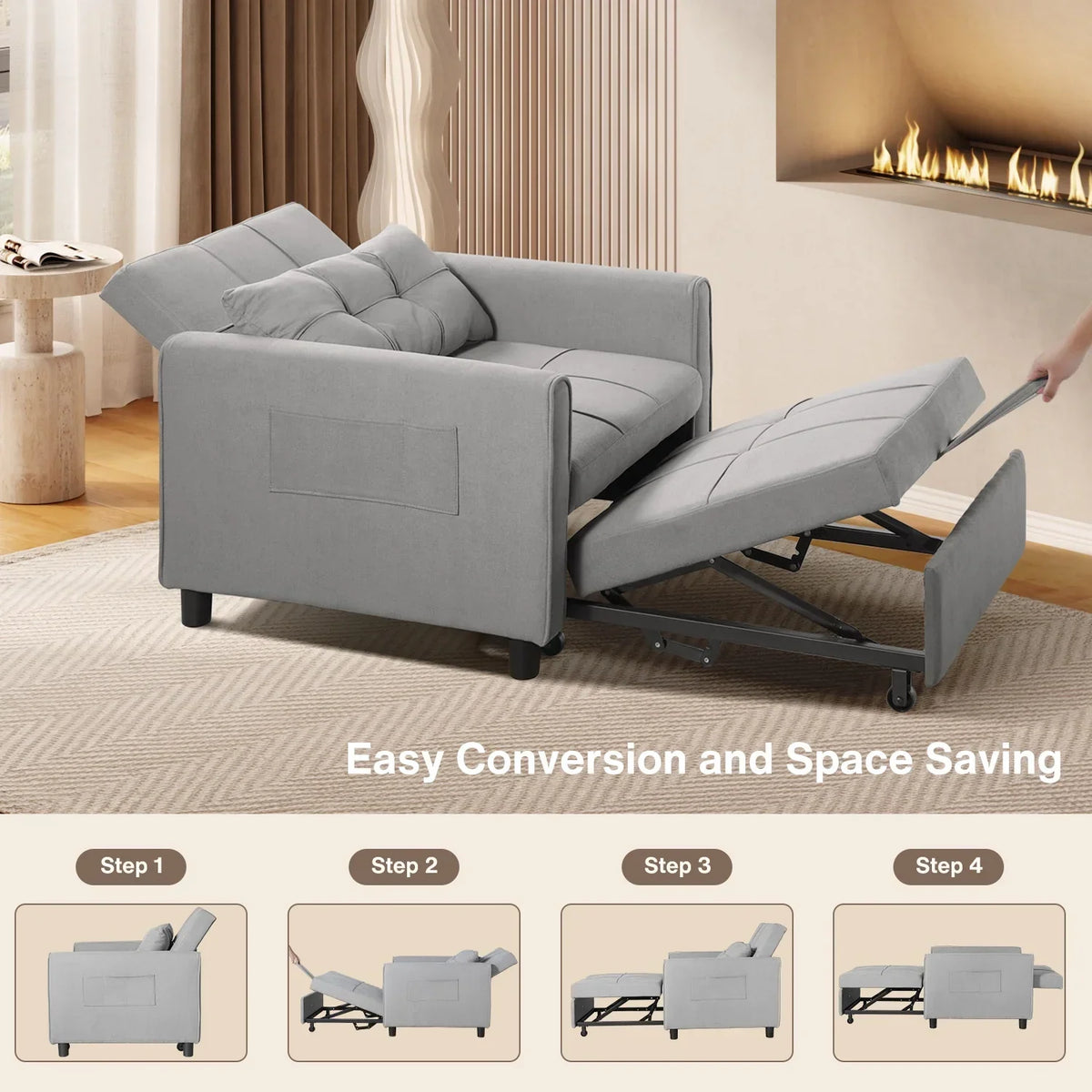 Nouveauté 2026 – Canapé-lit convertible 3 en 1 Lofka avec rangement, dossier réglable et fonction gigogne - Fauteuil-lit idéal pour les petits espaces et les appartements, gris foncé