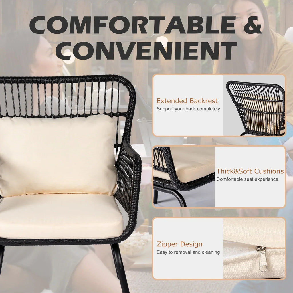 Nouveauté 2026 – Ensemble bistro de conversation 3 pièces Tappio pour patio, mobilier de jardin en rotin, table basse en verre et coussins, jaune/beige, idéal pour le jardin, le balcon, la terrasse ou la piscine