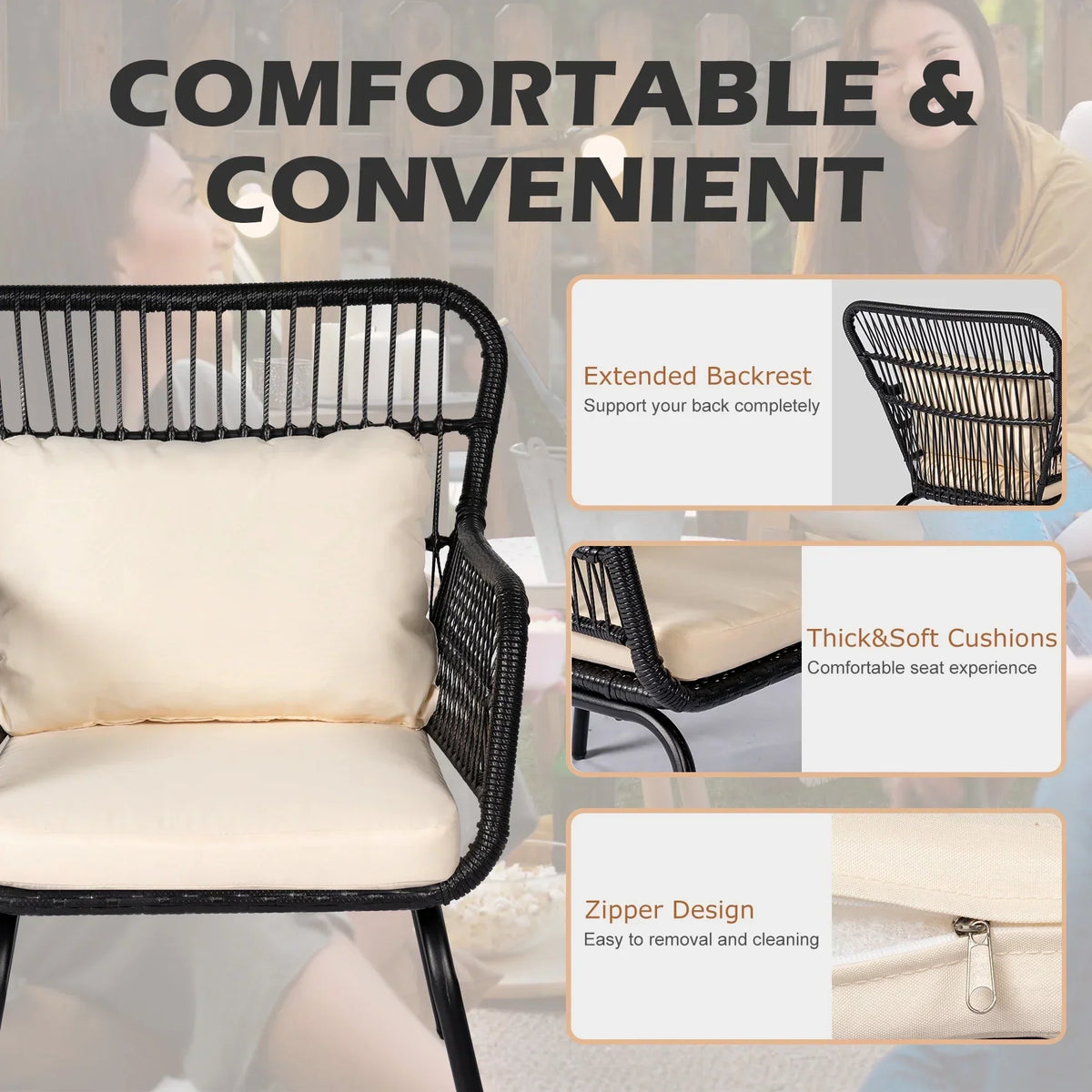 Nouveauté 2026 – Ensemble bistro de conversation 3 pièces Tappio pour patio, mobilier de jardin en rotin, table basse en verre et coussins, jaune/beige, idéal pour le jardin, le balcon, la terrasse ou la piscine