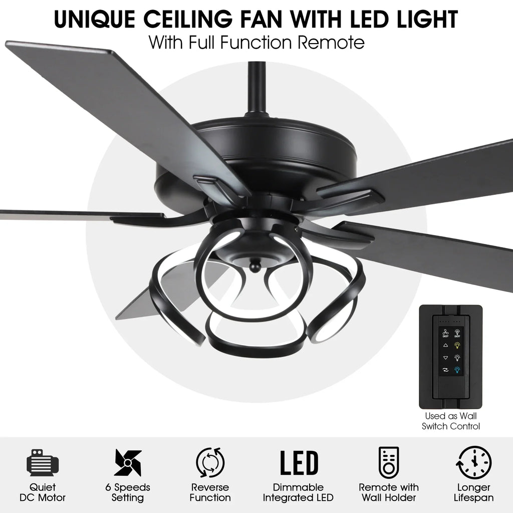 Nouveauté 2026 – Ventilateur de plafond contemporain chromé Parrot Uncle 52 pouces (132 cm) avec éclairage LED intégré et télécommande