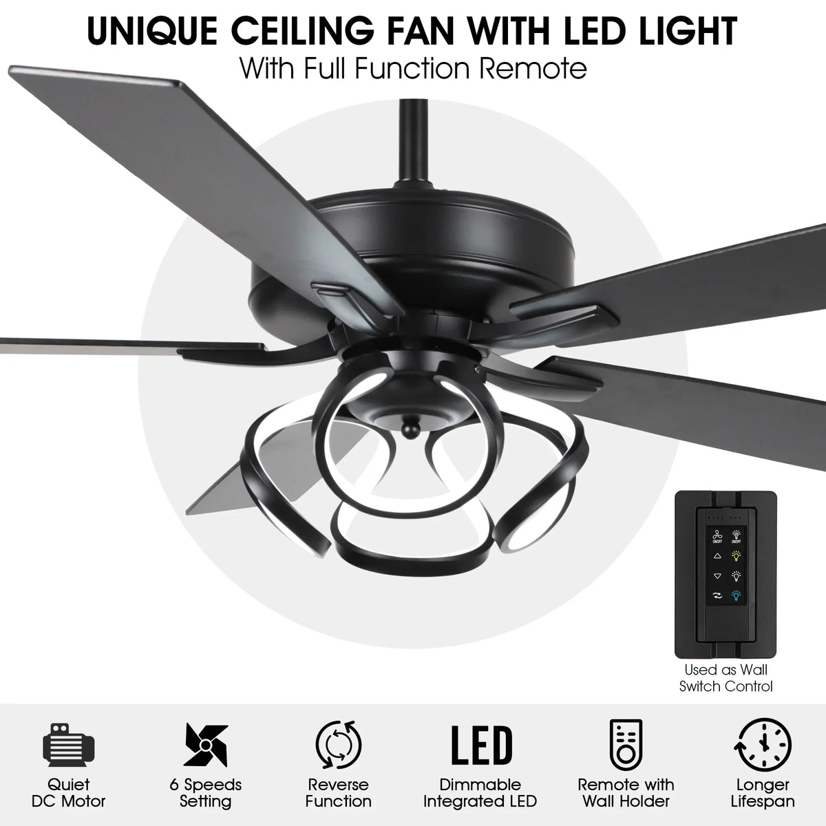 Nouveauté 2026 – Ventilateur de plafond contemporain chromé Parrot Uncle 52 pouces (132 cm) avec éclairage LED intégré et télécommande