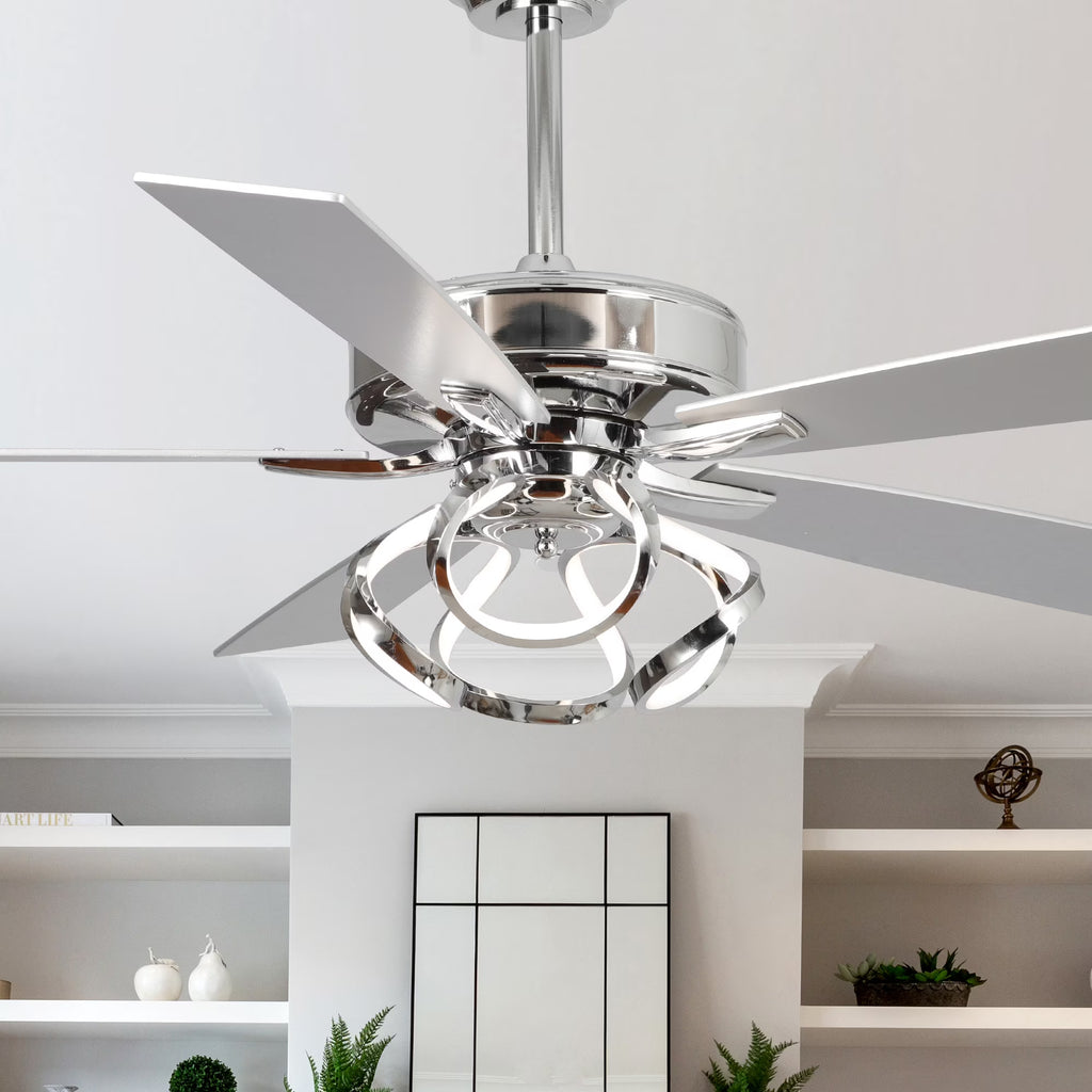 Nouveauté 2026 – Ventilateur de plafond contemporain chromé Parrot Uncle 52 pouces (132 cm) avec éclairage LED intégré et télécommande