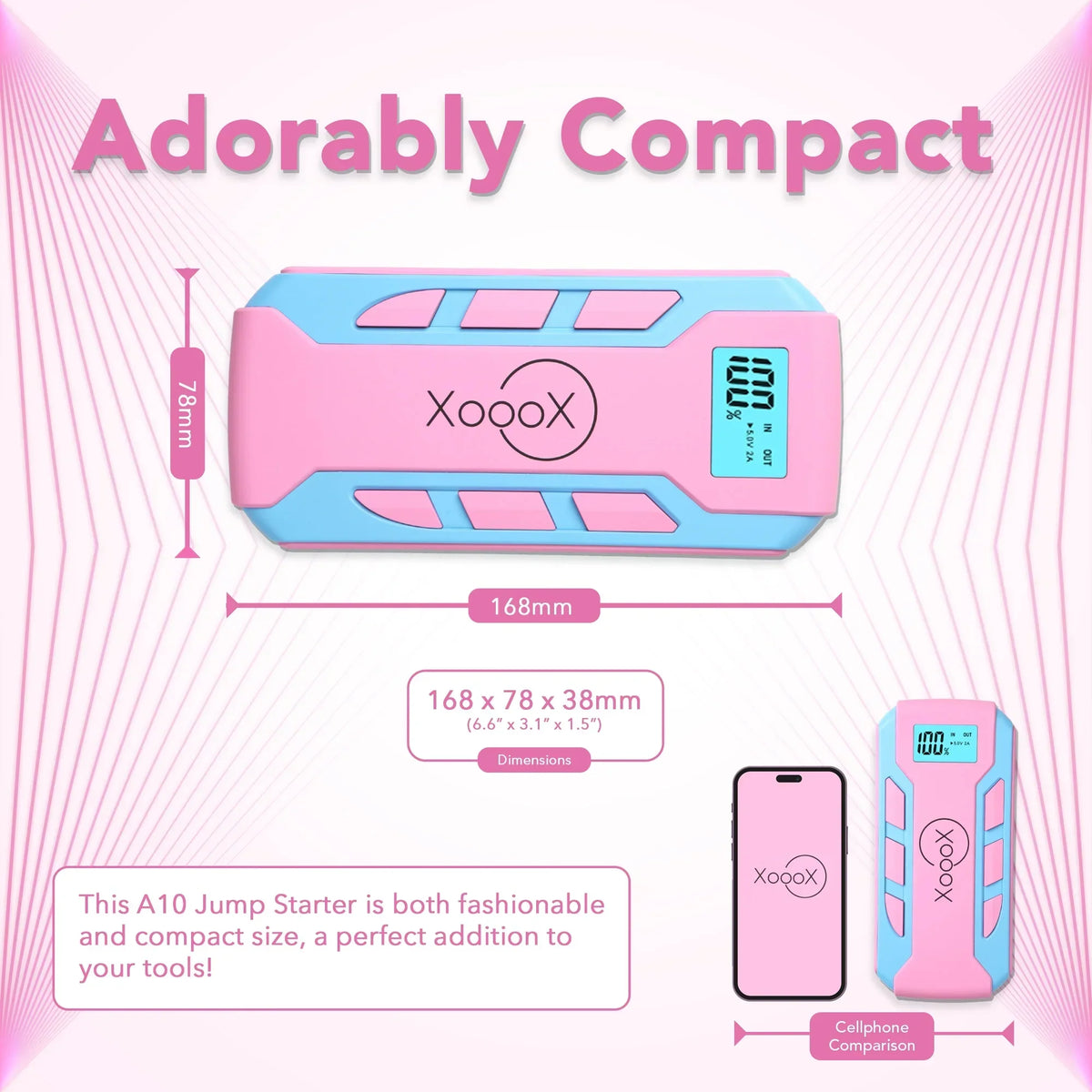 Nouveauté 2026 – Kit de démarrage de batterie portable XoooX rose avec câbles de démarrage, lampe LED et étui ; batterie de démarrage 12 V ; chargeur de batterie portable pour appareils USB/USB-C