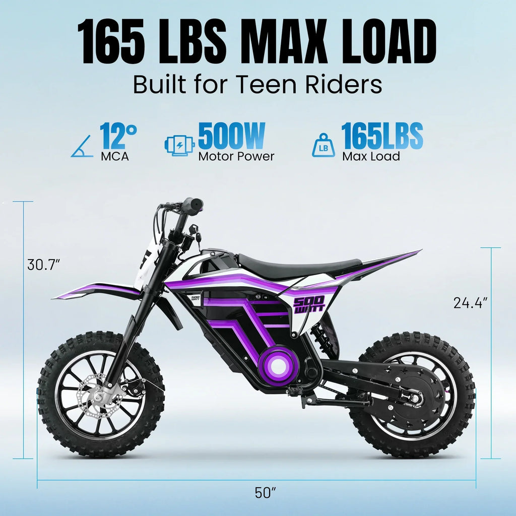 Nouveauté 2026 – Moto tout-terrain électrique QEASET , 500 W, pour enfants (garçons et filles) de 8 à 14 ans, bleue