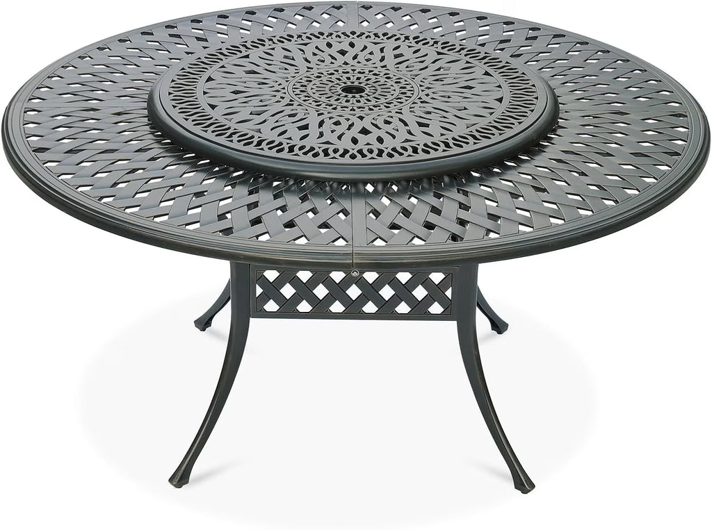 Nouveauté 2026 – Table de salle à manger d'extérieur VIVIJASON , 155 cm (61 po), pour 6 à 8 personnes, grande table ronde avec plateau tournant de 61 cm (24 po), en aluminium moulé bronze foncé au style rustique, avec trou pour parasol, idéale pour b