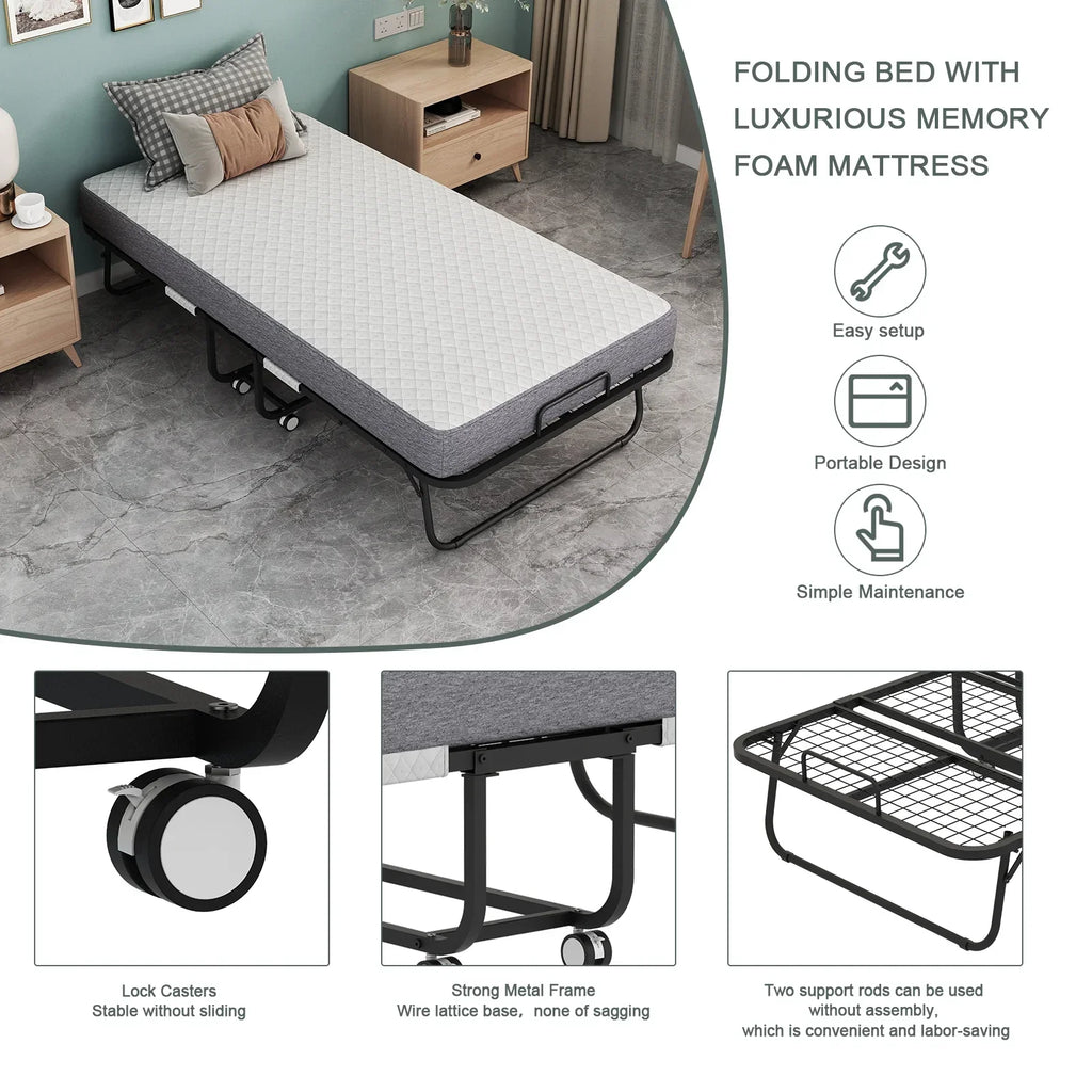 Nouveauté 2026 – Lit pliant Flying avec matelas, format 190 x 79 cm, lit d'appoint pliable et portable pour adultes, avec matelas en mousse à mémoire de forme de 13 cm, structure métallique robuste et peu encombrante