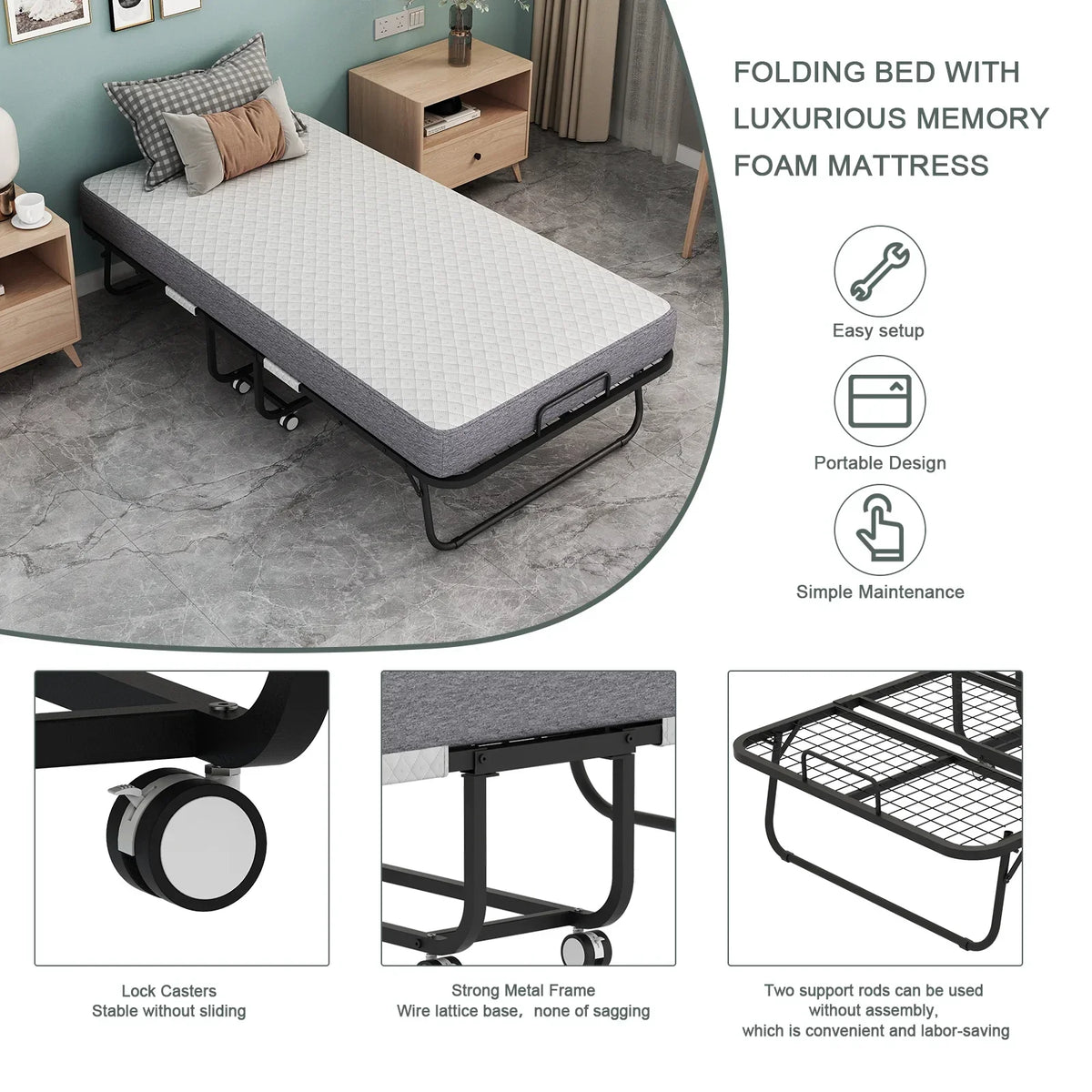 Nouveauté 2026 – Lit pliant Flying avec matelas, format 190 x 79 cm, lit d'appoint pliable et portable pour adultes, avec matelas en mousse à mémoire de forme de 13 cm, structure métallique robuste et peu encombrante