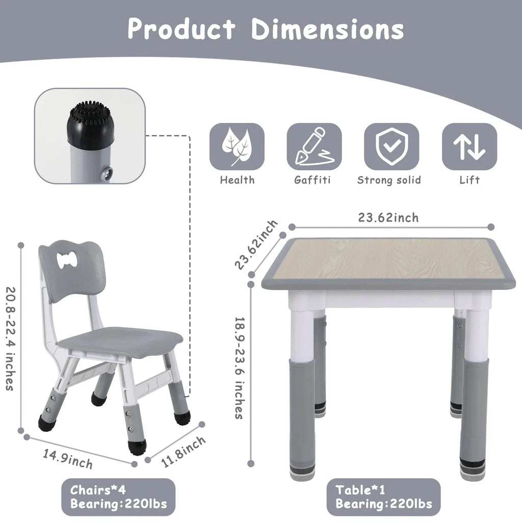 Nouveauté 2026 – Ensemble table et chaises pour enfants Arlopu 5 pièces , hauteur réglable, table d'activités et 4 chaises pour les tout-petits, idéal pour étudier, gris