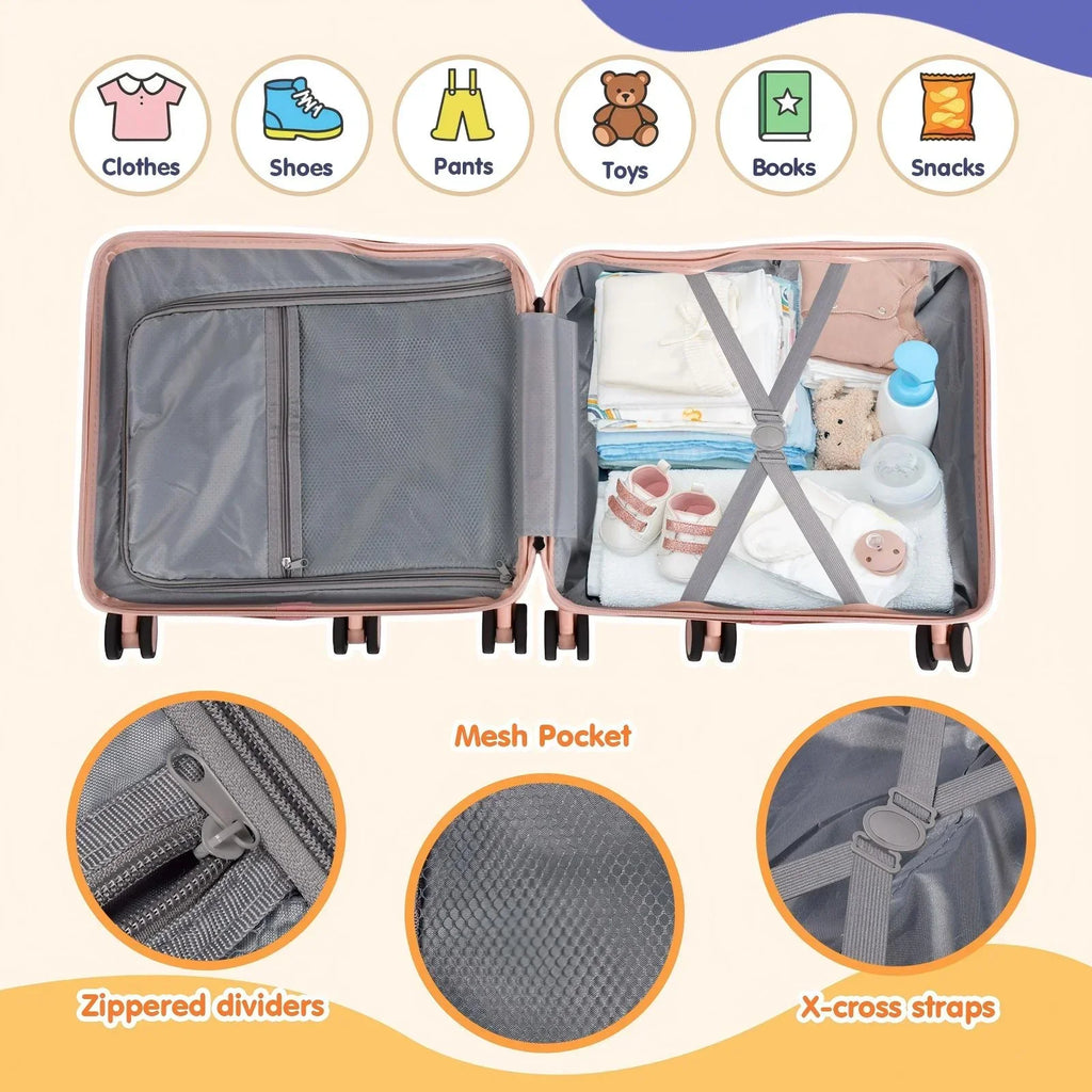 Nouveauté 2026 – Valise à roulettes Advwin pour enfants, avec sangle de traction, repose-pieds, porte-gobelet, 6 roues et poignée réglable, valise pivotante de 45,7 cm (18 pouces) avec autocollants et carte d'embarquement, rose