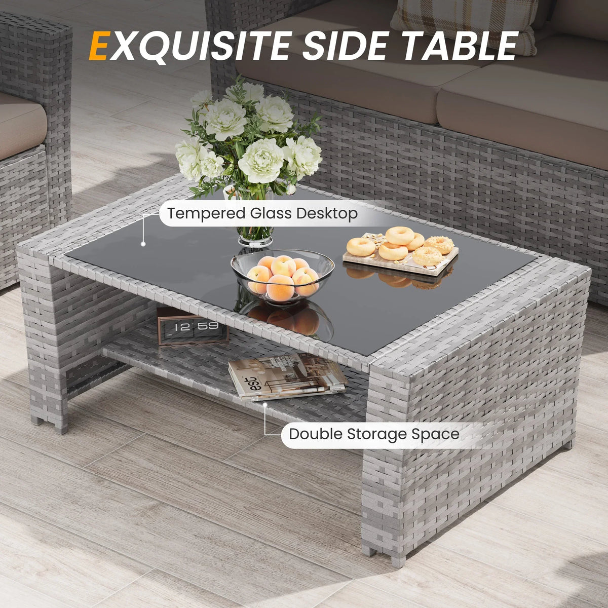 Nouveauté 2026 – Ensemble de mobilier de patio en résine tressée UDPATIO , ensemble de conversation d'extérieur 4 pièces, canapé de patio en rotin PE gris pour balcon, porche, jardin, gris