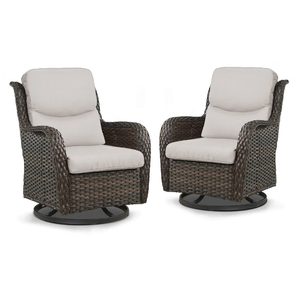 Nouveauté 2026 – POCASSY Fauteuils pivotants de patio, fauteuils à bascule pivotants d'extérieur en osier avec dossier haut et coussins épais pour véranda ou terrasse - Lot de 2, beige