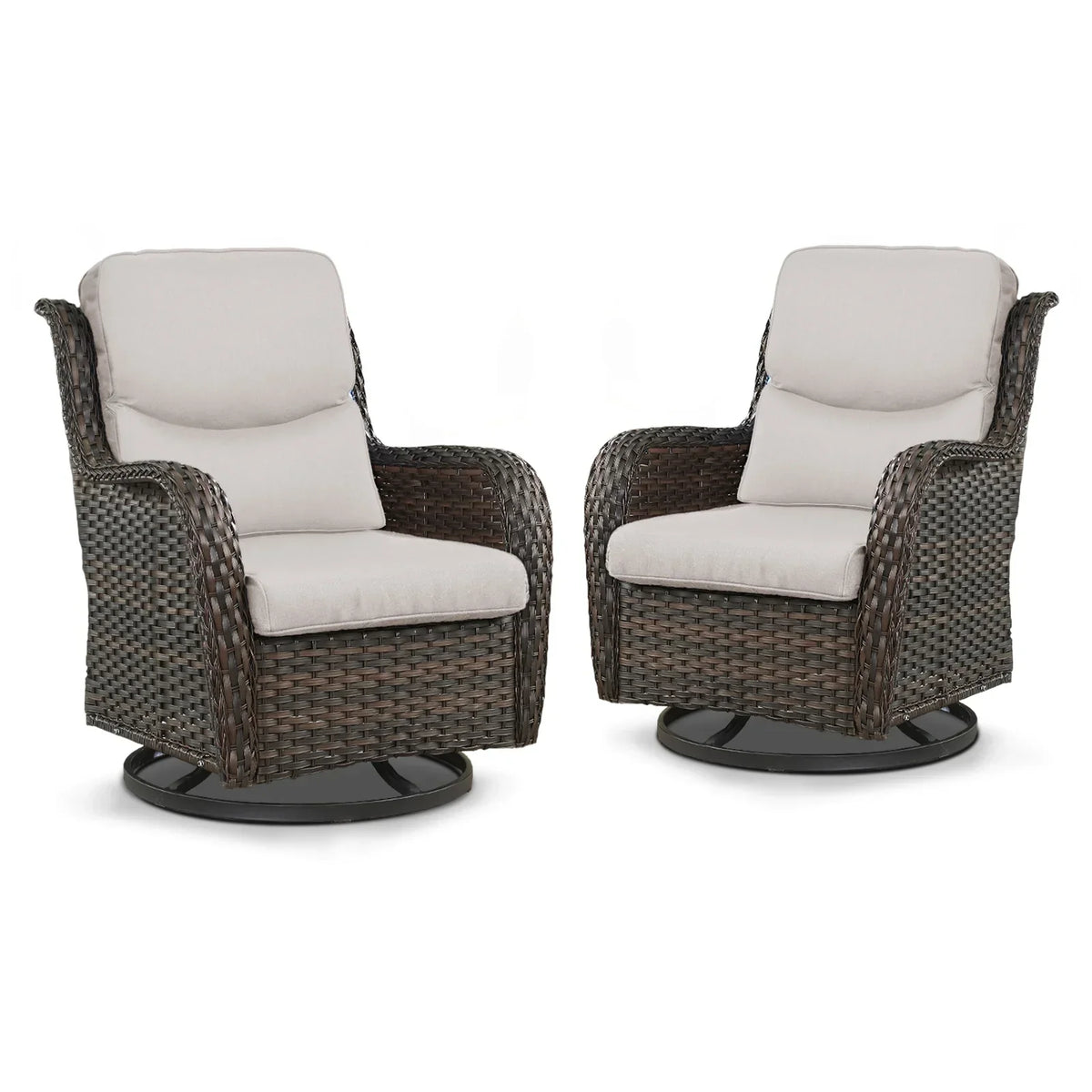 Nouveauté 2026 – POCASSY Fauteuils pivotants de patio, fauteuils à bascule pivotants d'extérieur en osier avec dossier haut et coussins épais pour véranda ou terrasse - Lot de 2, beige