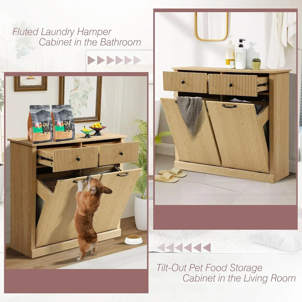 Nouveauté 2026 – Armoire à linge double basculante Haverchair , meuble poubelle moderne cannelé avec tiroir, meuble poubelle dissimulé en bois pour cuisine et salle de bain