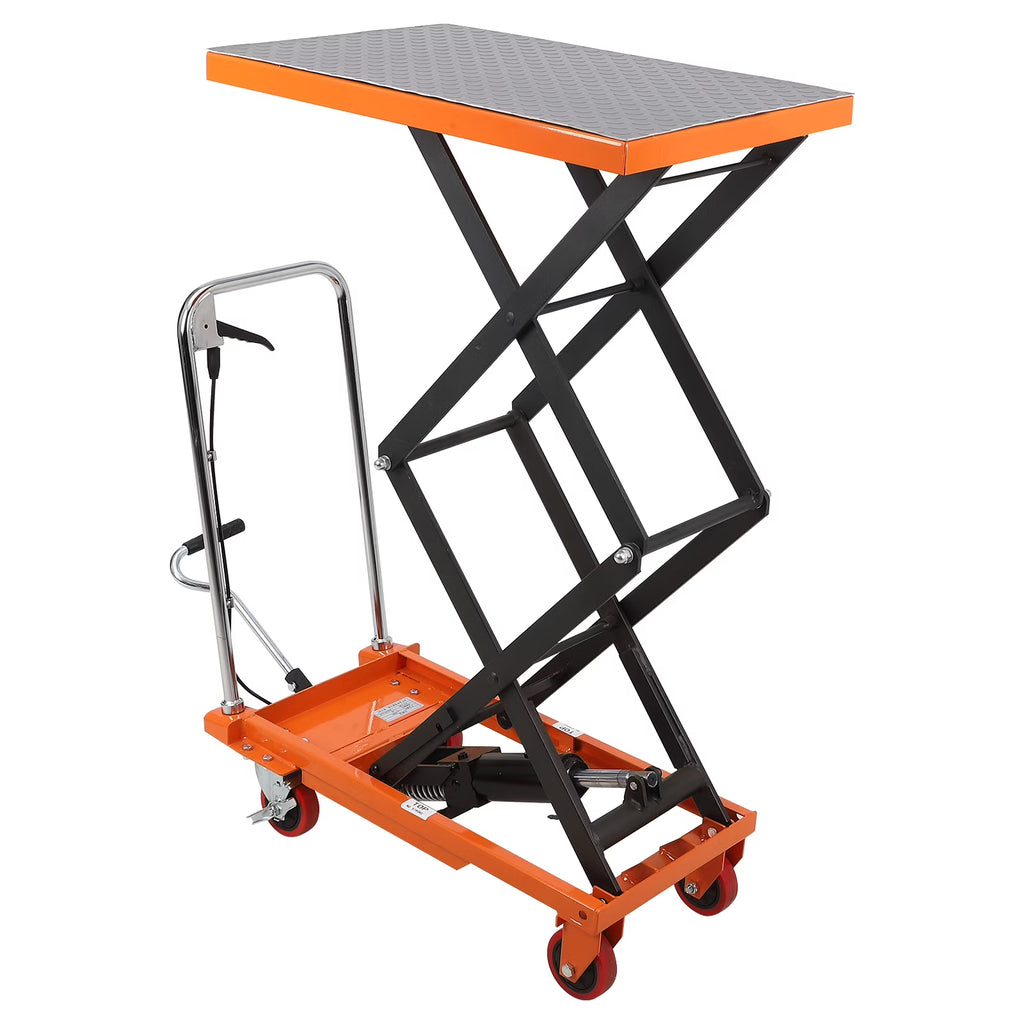 Nouveauté 2026 – Chariot élévateur hydraulique - Capacité de 350 kg, hauteur de levage réglable jusqu'à 150 cm, table élévatrice manuelle à double ciseaux avec 4 roues et patins antidérapants de 3 mm pour une manutention et un transport sécuritaires,