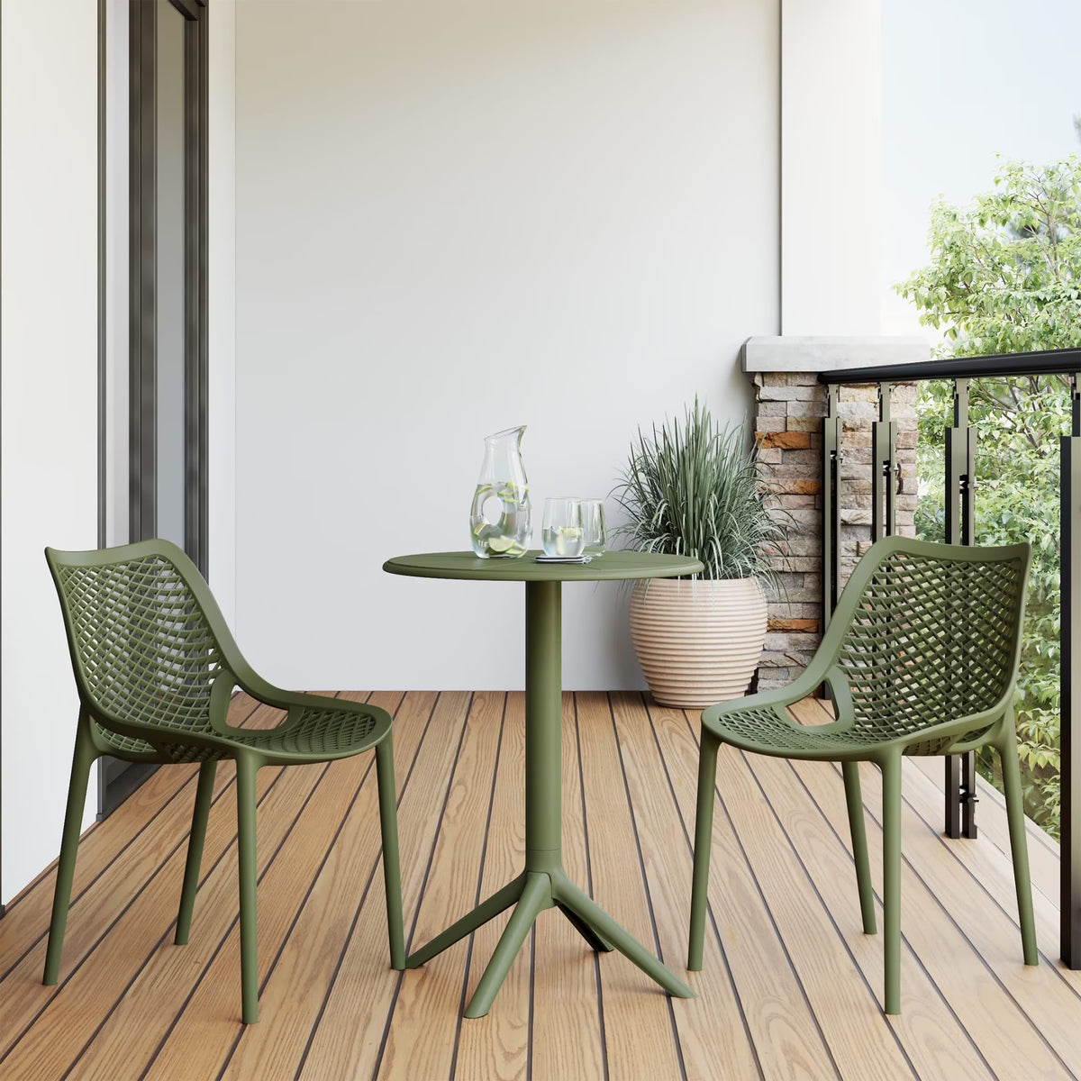 Nouveauté 2026 – Ensemble bistro de patio extérieur 3 pièces WestinTrends Playa en résine, vert olive, avec chaises d'appoint empilables