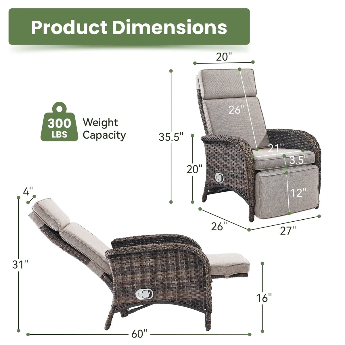 Nouveauté 2026 – Fauteuil inclinable d'extérieur OPOHORO , chaise longue de patio inclinable réglable avec coussin, en osier, avec dossier et repose-pieds réglables, idéal pour le bord de la piscine, beige