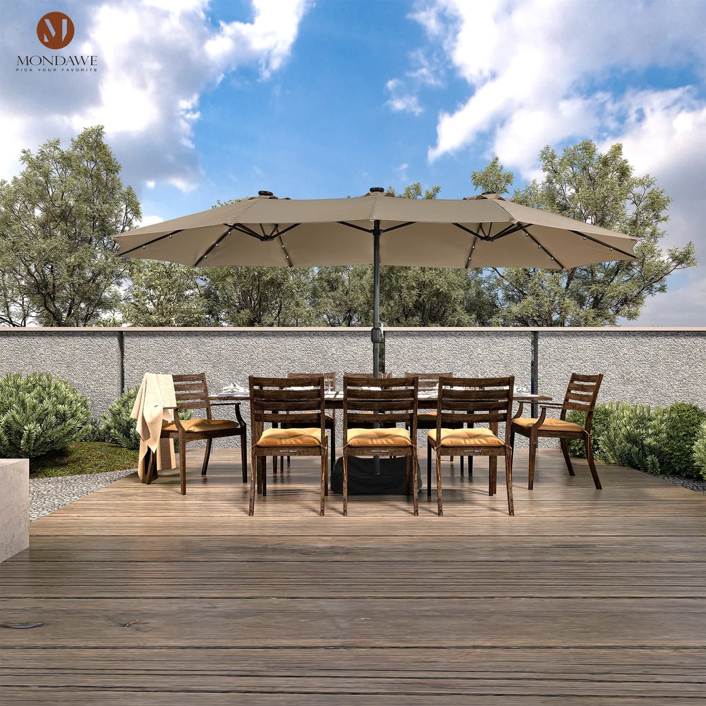 Nouveauté 2026 – Parasol rectangulaire Mondawe 4,57 m (15 pi) avec base et éclairage LED beige