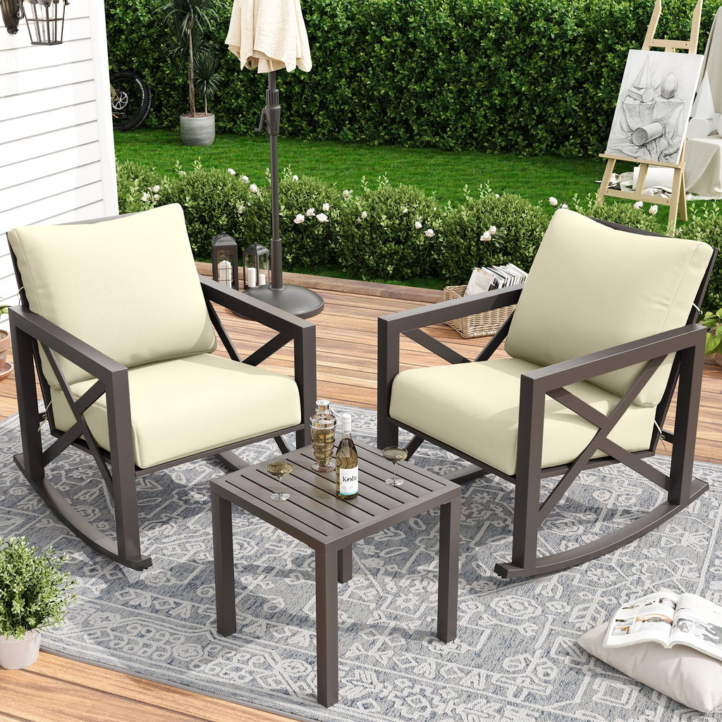 Nouveauté 2026 – Ensemble bistro MRUAKA , 3 pièces, comprenant 2 fauteuils à bascule et 1 table basse en métal avec coussins épais, idéal pour véranda, jardin ou bord de piscine, couleur beige