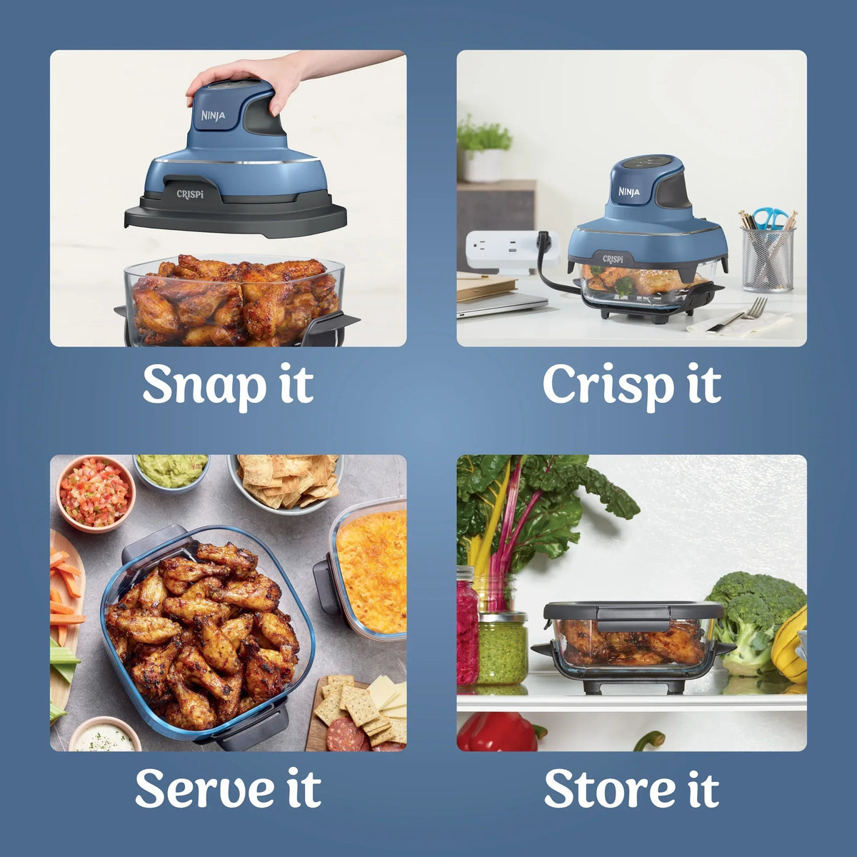 Nouveauté 2026 – Friteuse à air portable 3-en-1 Ninja Crispi , 1500 W, récipients en verre TempWare de 4 L et 5 tasses avec couvercles de conservation, compatible micro-ondes, congélateur et lave-vaisselle, blanc, FN100WH