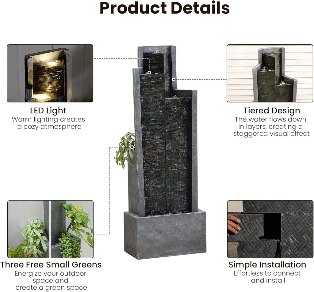 Nouveauté 2026 – Fontaine cascade moderne d'extérieur avec éclairage LED pour jardin, terrasse, cour, patio, porche et décoration intérieure