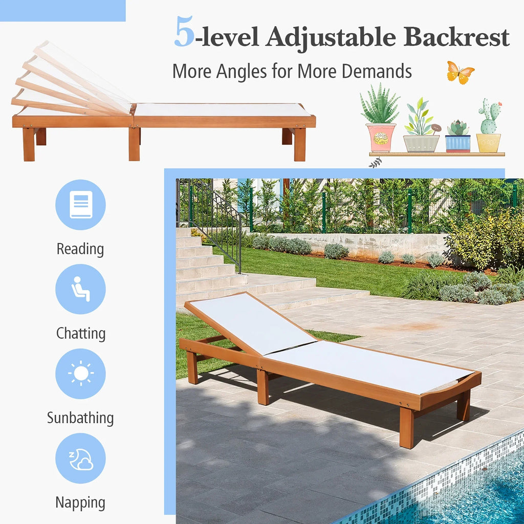 Nouveauté 2026 – Chaise longue inclinable en bois Gymax 2PCS pour patio avec dossier réglable