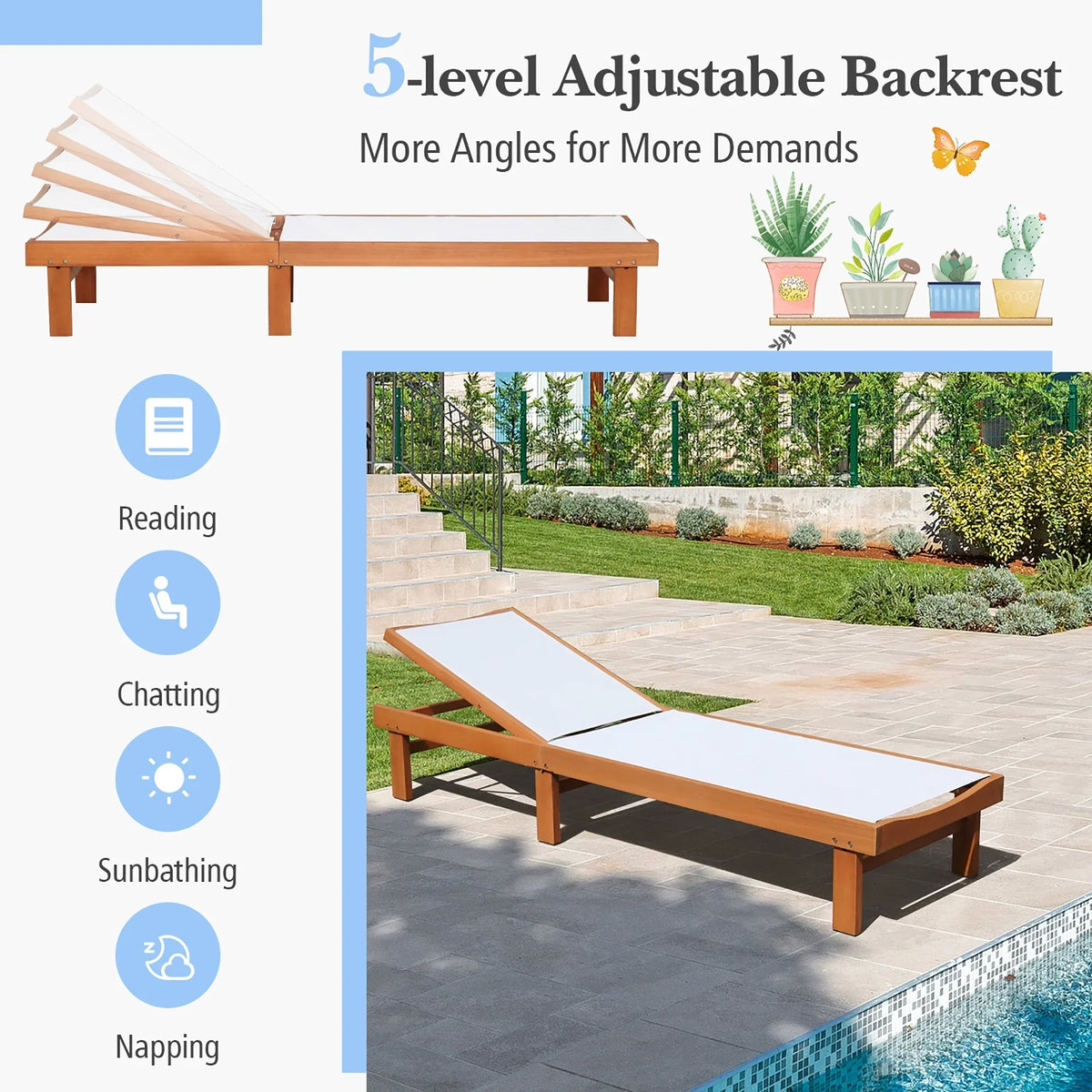 Nouveauté 2026 – Chaise longue inclinable en bois Gymax 2PCS pour patio avec dossier réglable