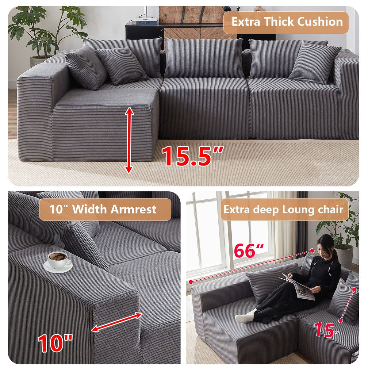 Nouveauté 2026 – Canapé d'angle modulaire en velours côtelé de 264 cm (104 pouces), ensemble de canapés de sol de luxe, mobilier d'intérieur rembourré, canapé compressé en mousse pour salon et chambre, combinaison libre de 4 pièces