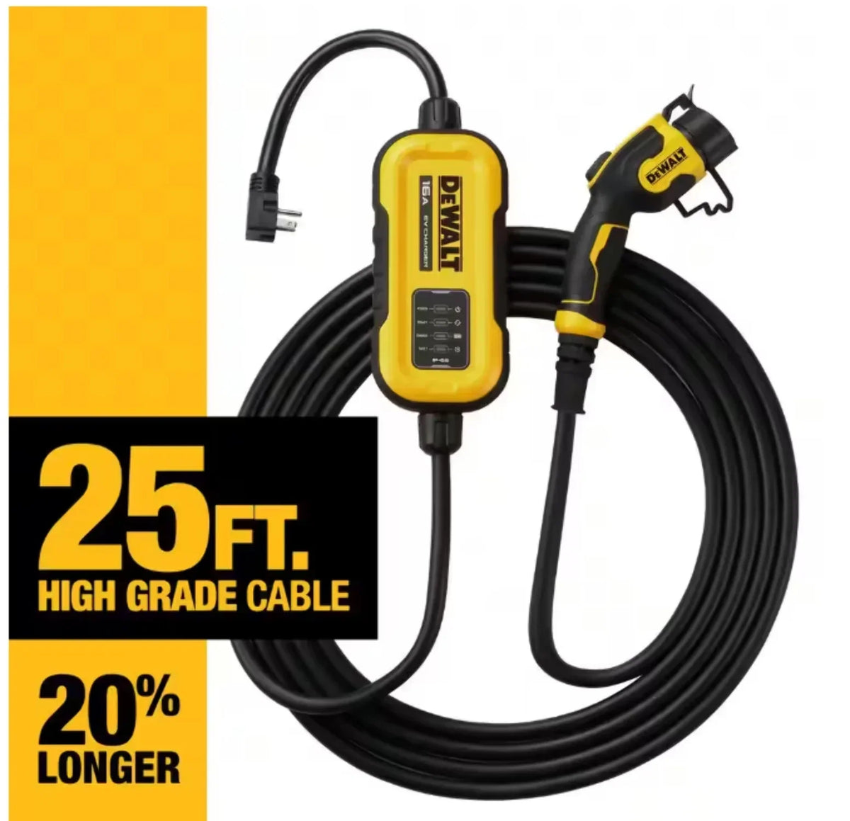 Nouveauté 2026 – Chargeur portable DEWALT niveau 2 pour véhicules électriques (VE), jusqu'à 16 A, 120-240 V CA, 3,8 kW, câble de 7,6 m, résistant aux intempéries