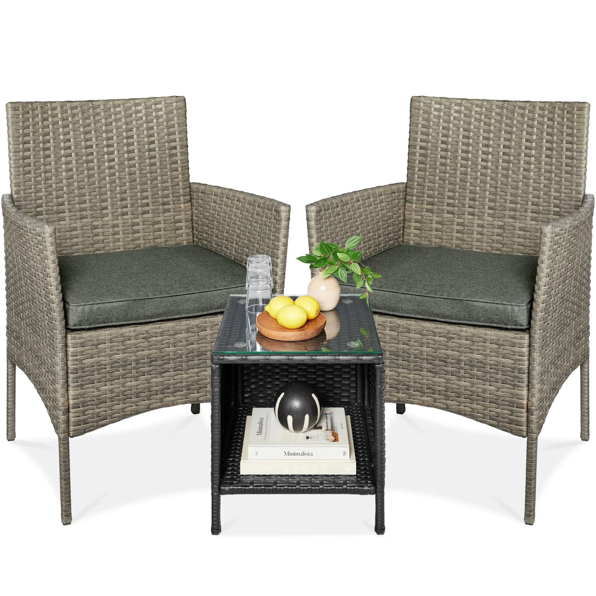 Nouveauté 2026 – Ensemble bistro de jardin 3 pièces en résine tressée Best Choice Products , avec 2 chaises et une table - Gris/Bleu marine