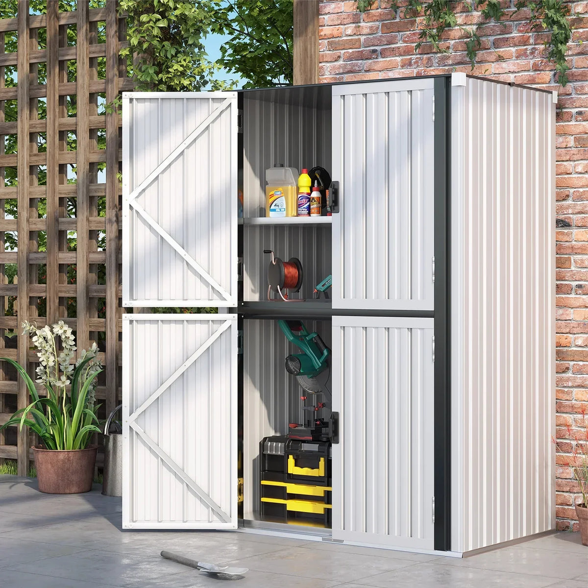 Nouveauté 2026 – Armoire de rangement extérieure AECOJOY pour jardin et terrasse, un meuble de rangement en métal avec portes et étagères, de couleur grise