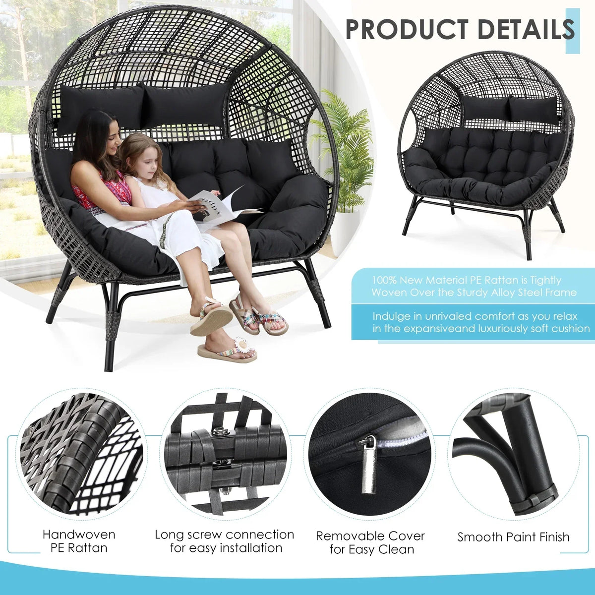 Nouveauté 2026 – Fauteuil double œuf RADIATA pour 2 personnes, canapé deux places surdimensionné en résine tressée avec coussins épais, capacité de 308 kg, fauteuil de jardin/terrasse fixe pour intérieur/extérieur, balcon, jardin, beige