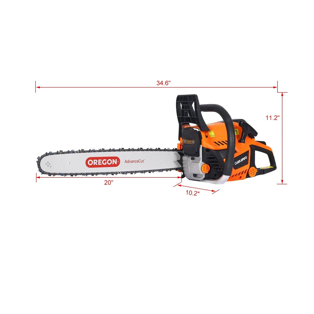Nouveauté 2026 – ! Tronçonneuse à essence 20 pouces, 52 cm³, pour l'abattage et la coupe du bois. Moteur 2 temps conforme aux normes EPA. Guide-chaîne Oregon
