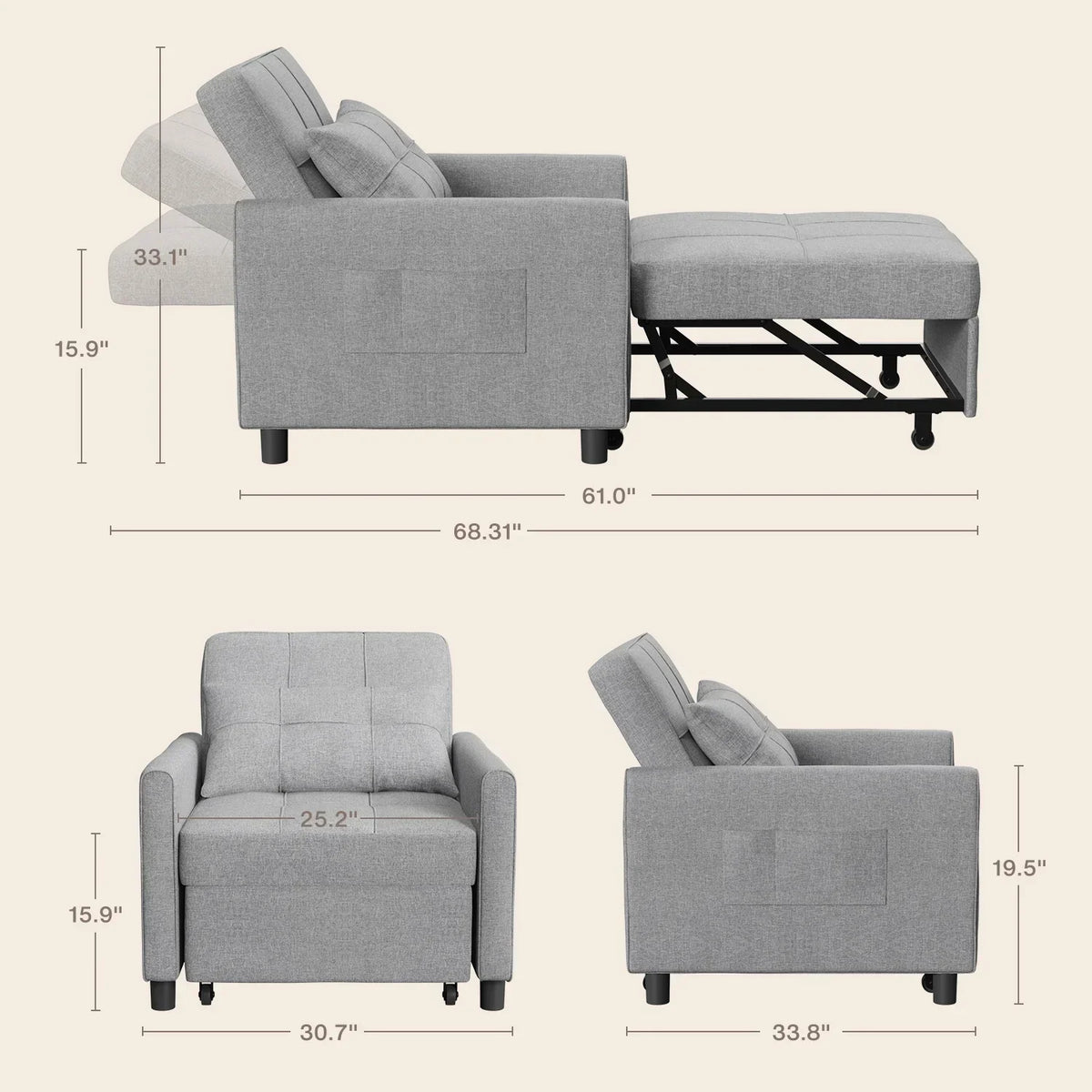 Nouveauté 2026 – Canapé-lit convertible 3 en 1 Lofka avec rangement, dossier réglable et fonction gigogne - Fauteuil-lit idéal pour les petits espaces et les appartements, gris foncé